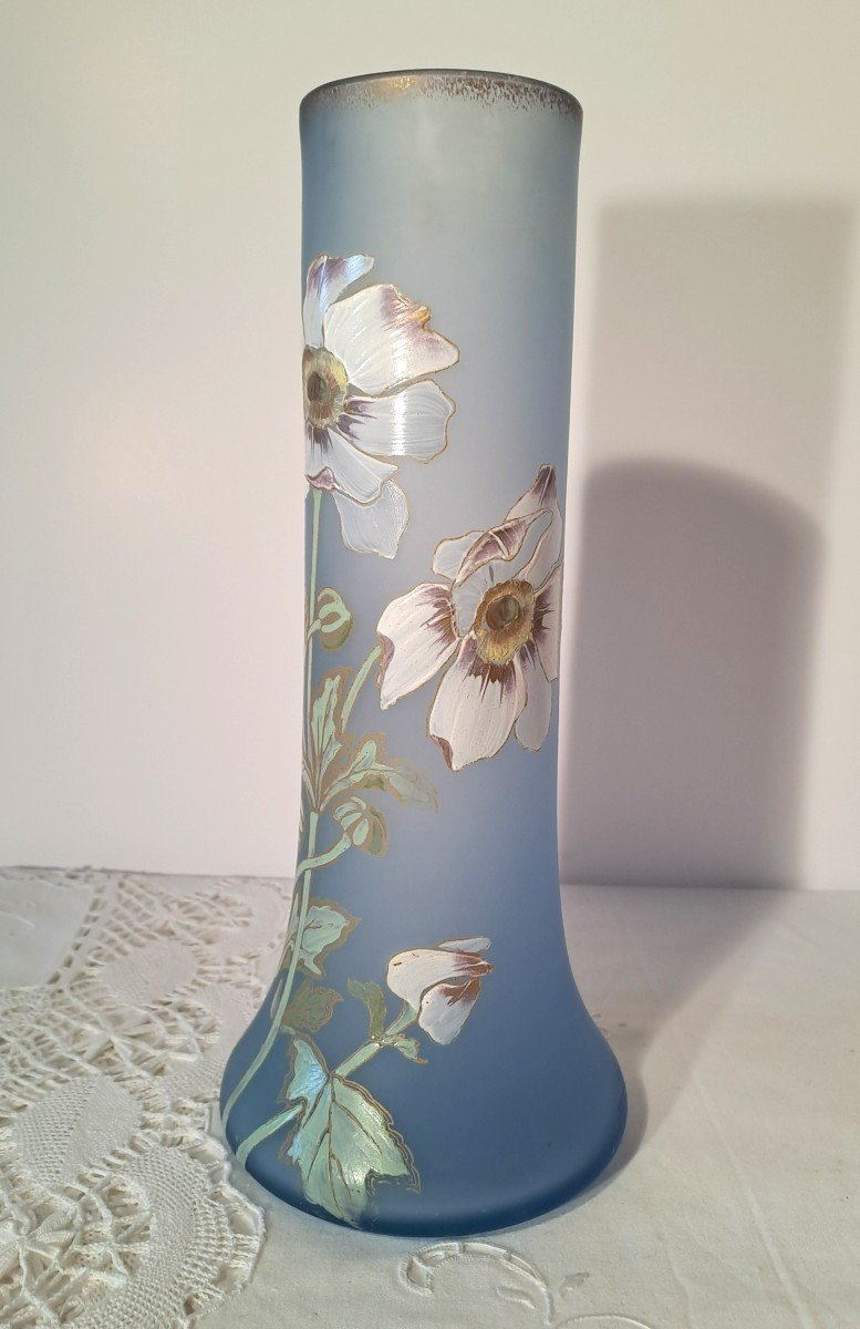 Large Legras Vase Model Lamartine, Decor With Enamelled Anemones On Satin Glass, Circa 1900-photo-2