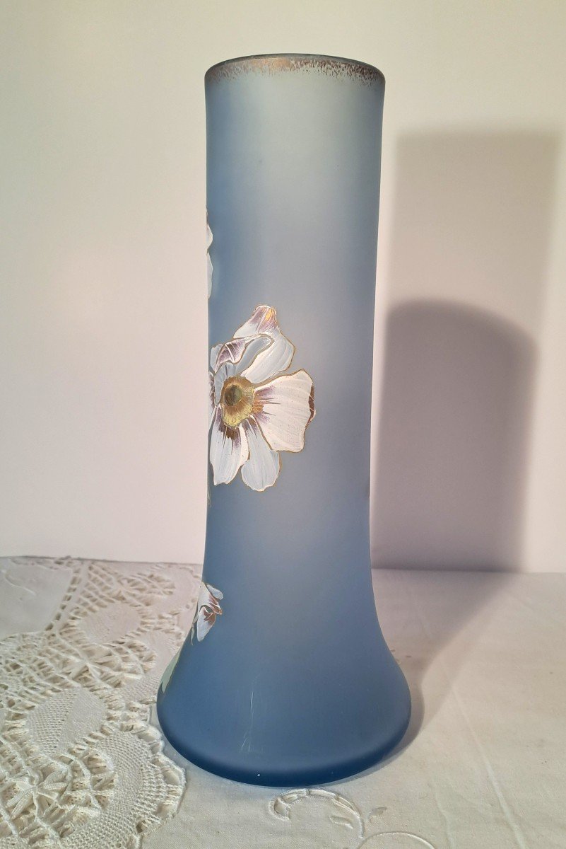Large Legras Vase Model Lamartine, Decor With Enamelled Anemones On Satin Glass, Circa 1900-photo-3