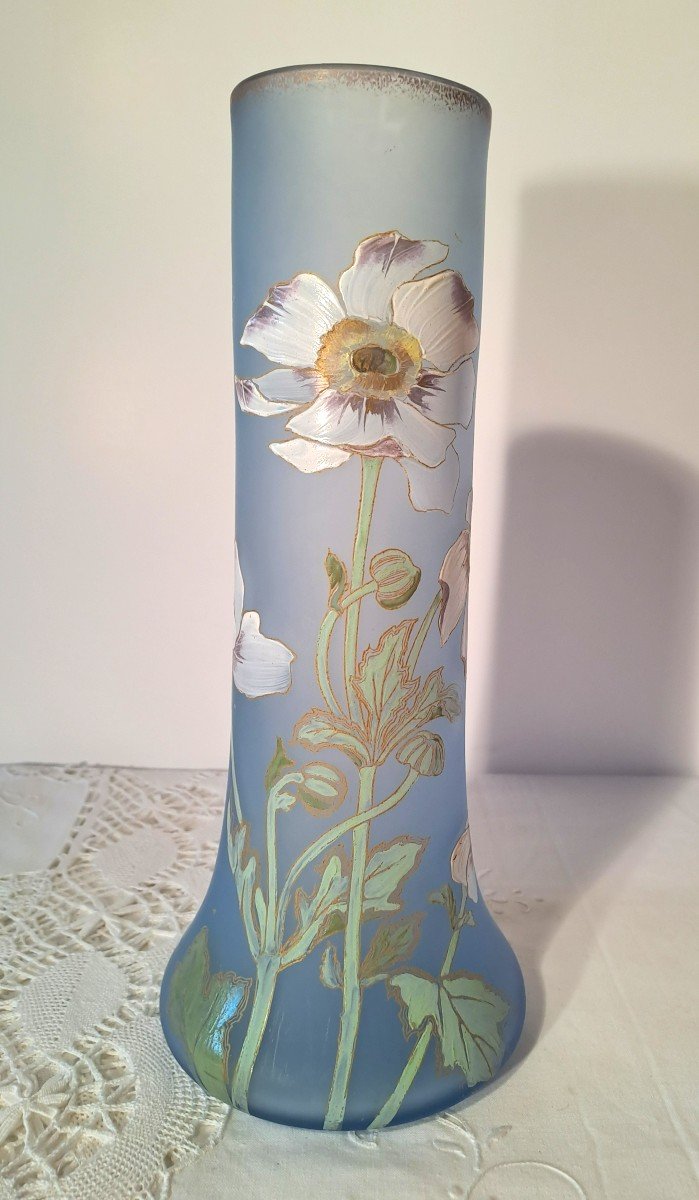 Large Legras Vase Model Lamartine, Decor With Enamelled Anemones On Satin Glass, Circa 1900-photo-3