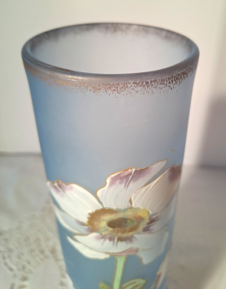 Large Legras Vase Model Lamartine, Decor With Enamelled Anemones On Satin Glass, Circa 1900-photo-5