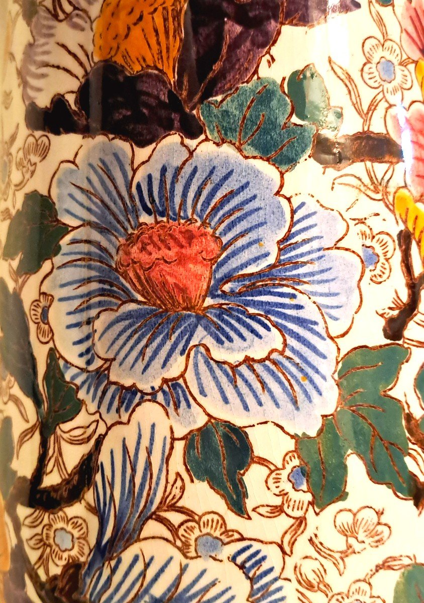 Large Gien Earthenware Vase, Mauves Peonies Decor, XIXth Century-photo-1