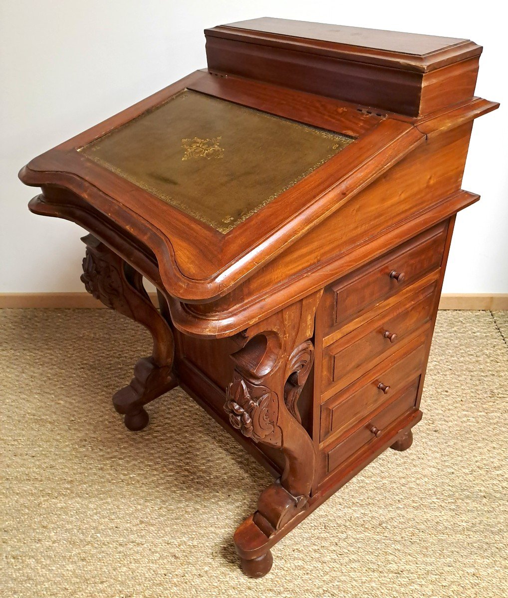 Bureau Davenport en Acajou et Plateau Gainé de Cuir Vert, XIXème Siècle-photo-3