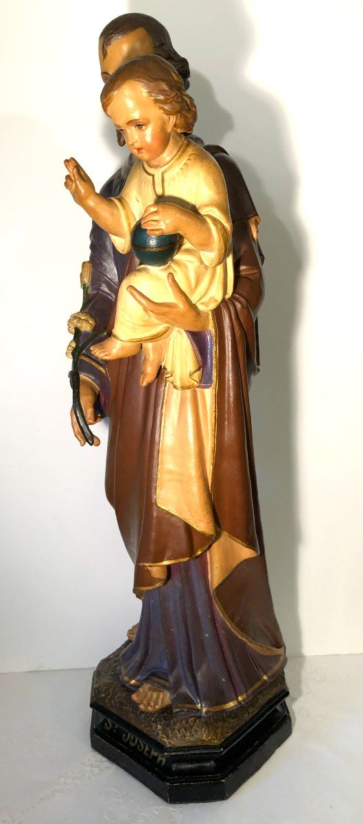Large Polychrome Terracotta Sculpture Of Saint Joseph And The Infant Jesus-photo-2