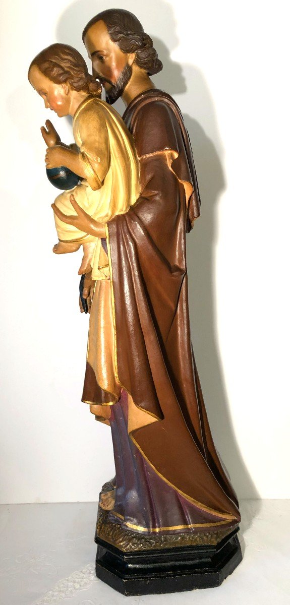 Large Polychrome Terracotta Sculpture Of Saint Joseph And The Infant Jesus-photo-3