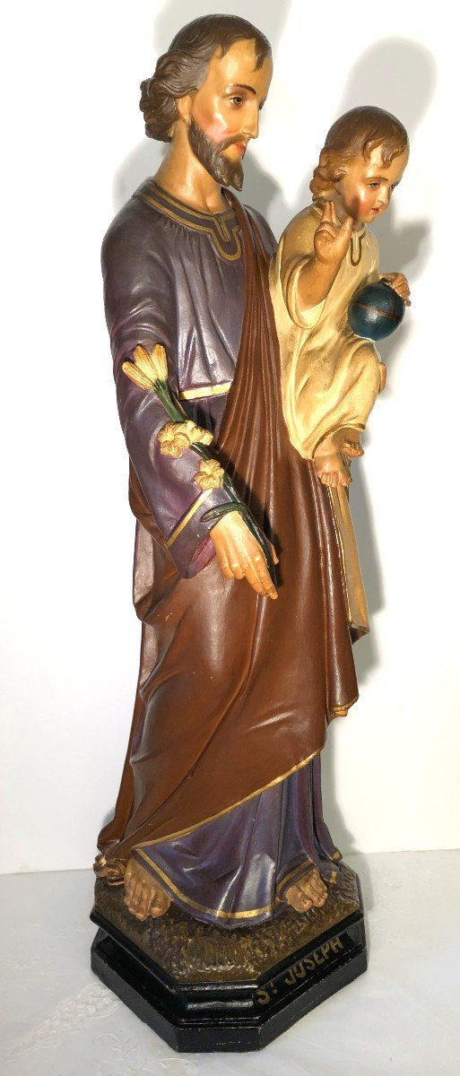 Large Polychrome Terracotta Sculpture Of Saint Joseph And The Infant Jesus-photo-2