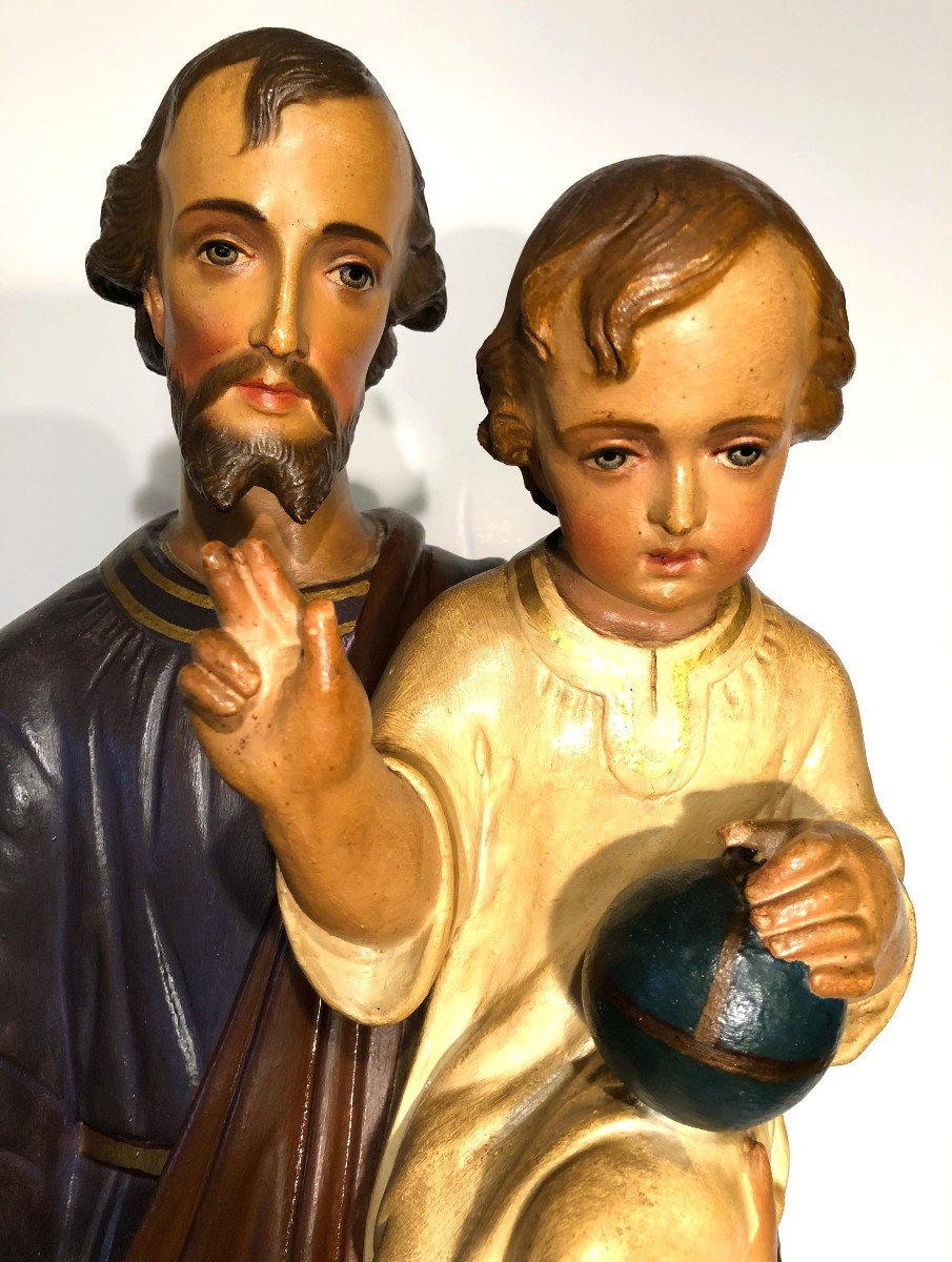 Large Polychrome Terracotta Sculpture Of Saint Joseph And The Infant Jesus-photo-3
