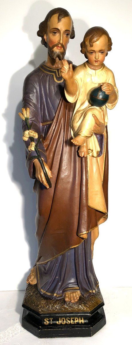 Large Polychrome Terracotta Sculpture Of Saint Joseph And The Infant Jesus