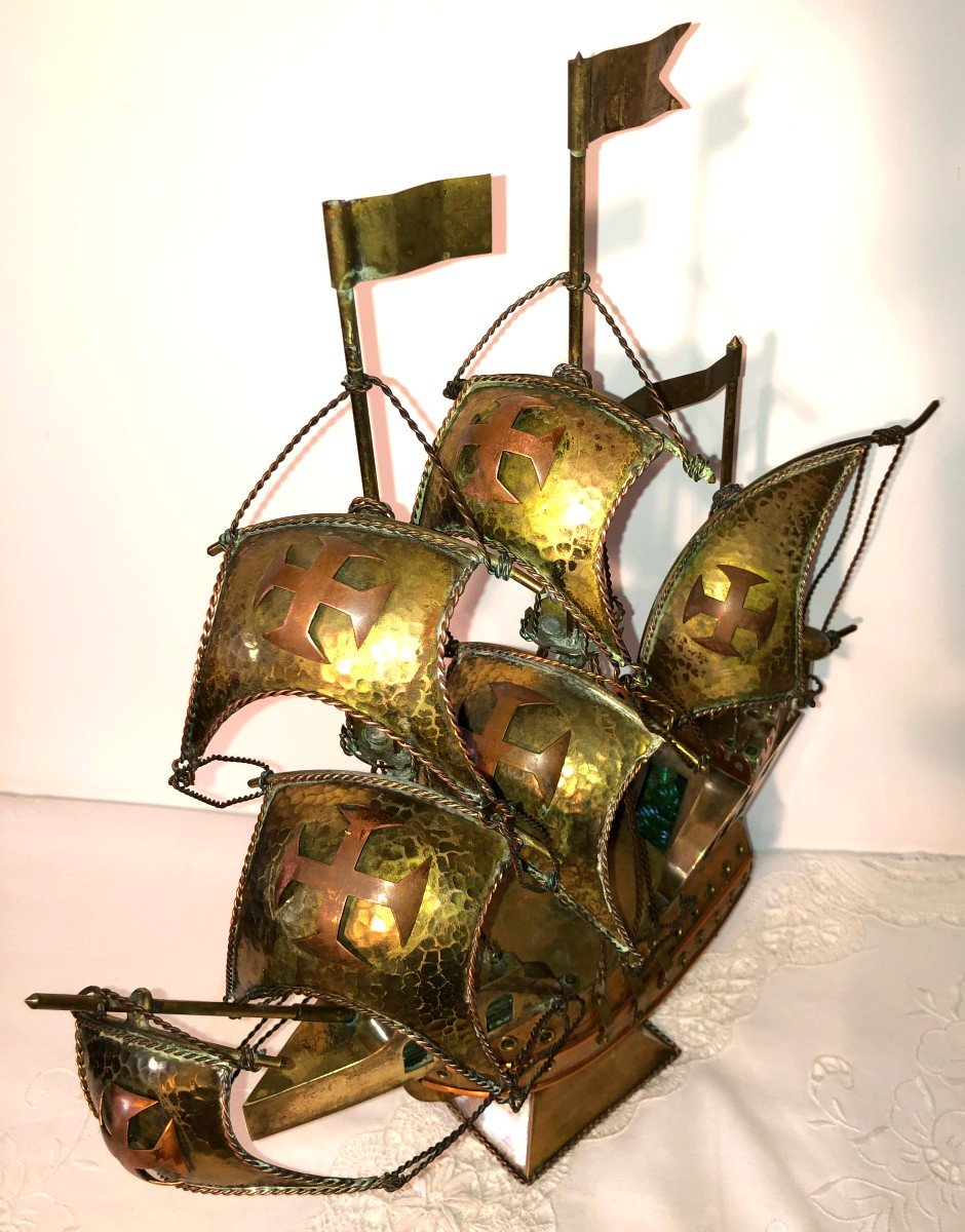 Model Of A Galion Or Portuguese Caravel In Wood And Copper, Mid-20th Century-photo-5