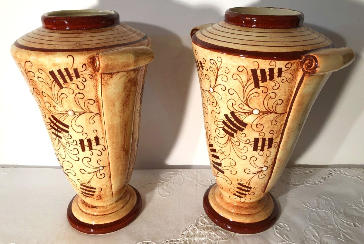 Pair Of Art Deco Earthenware Vases From Longchamp, Colonial-inspired Decor-photo-3