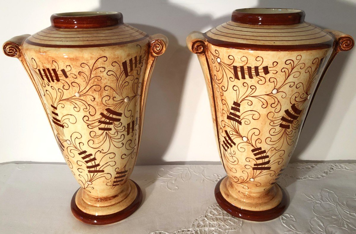 Pair Of Art Deco Earthenware Vases From Longchamp, Colonial-inspired Decor-photo-4