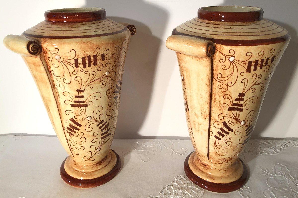 Pair Of Art Deco Earthenware Vases From Longchamp, Colonial-inspired Decor-photo-1