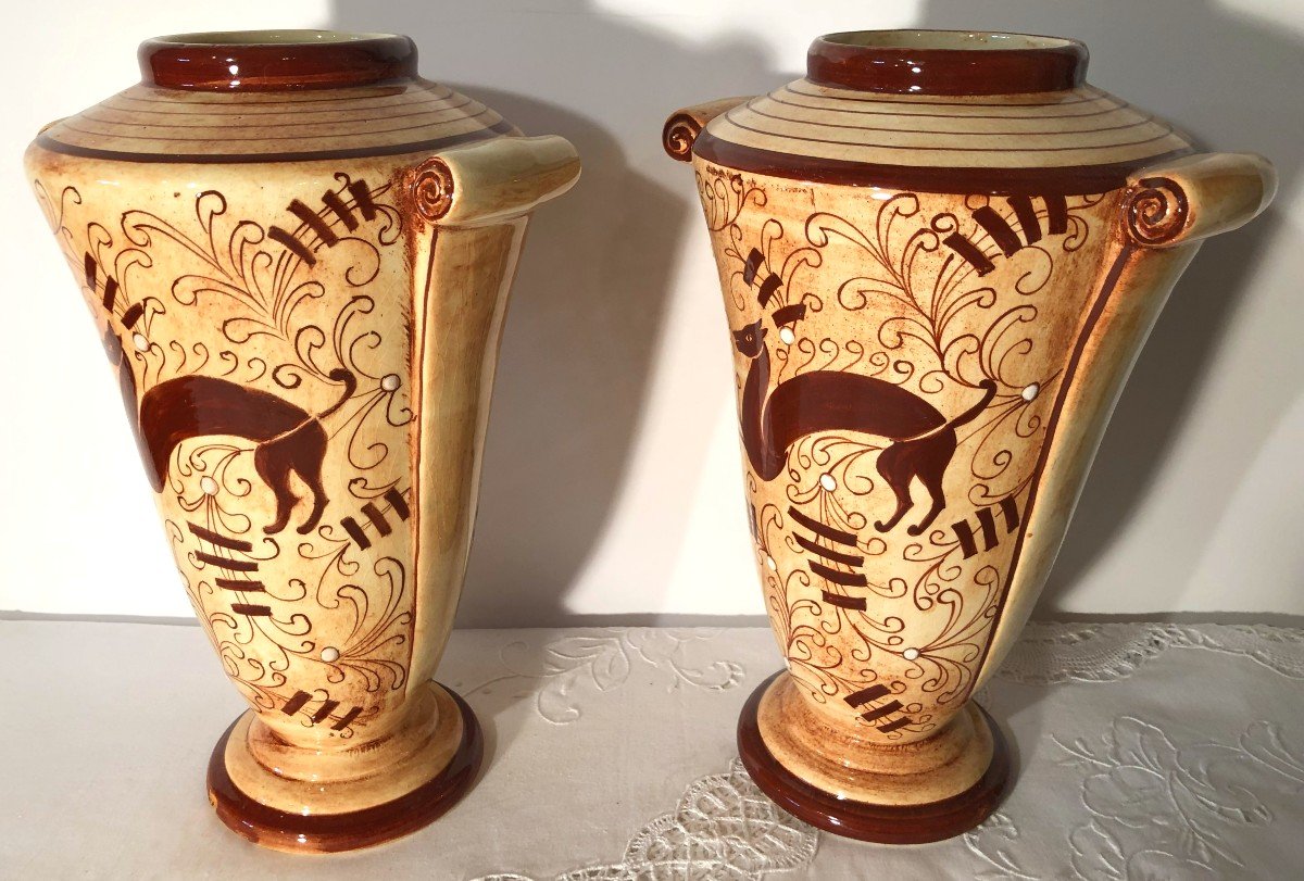 Pair Of Art Deco Earthenware Vases From Longchamp, Colonial-inspired Decor-photo-2