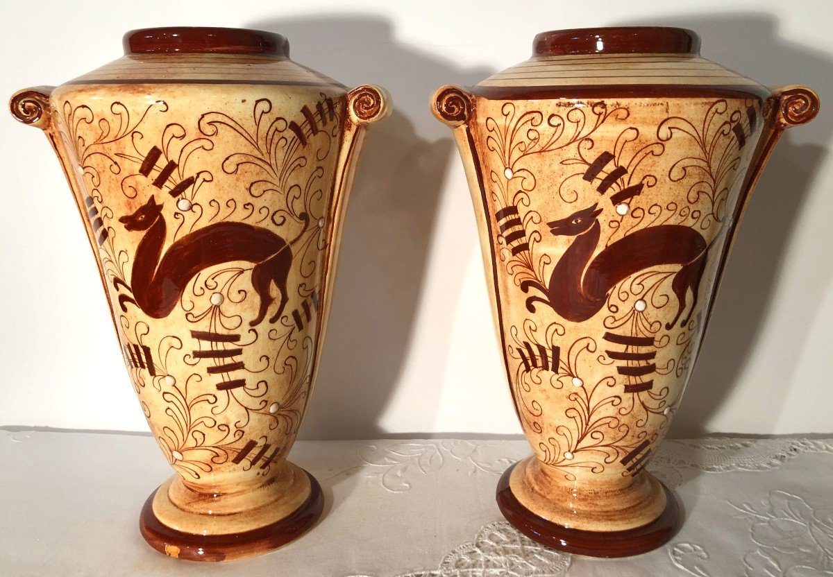 Pair Of Art Deco Earthenware Vases From Longchamp, Colonial-inspired Decor