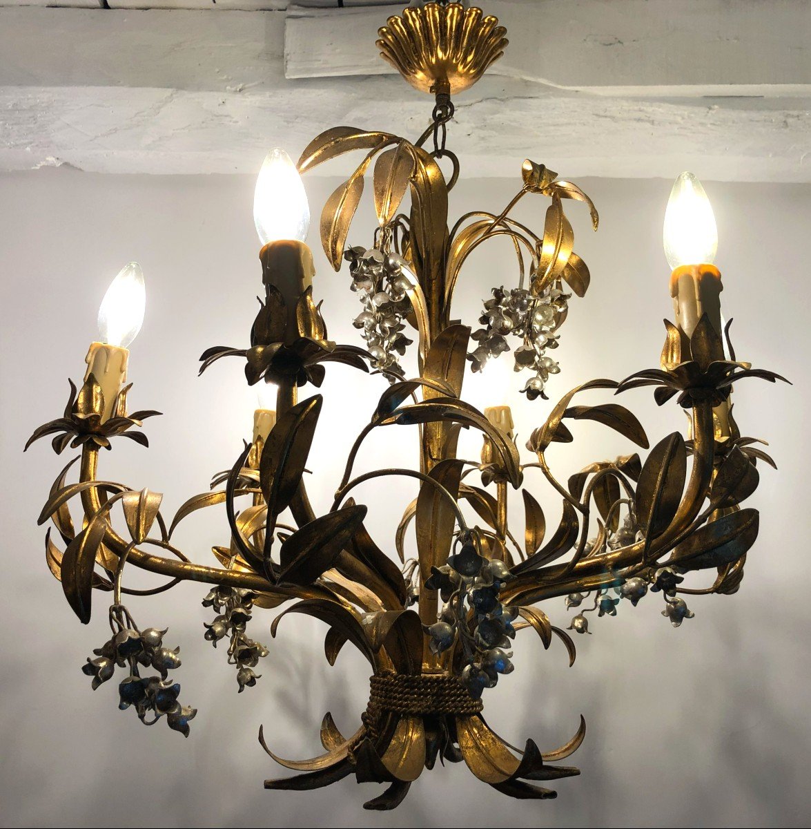Lustre Hans Kögl à 6 Bras de Lumières, Décor aux Clochettes de Muguet, Hollywood Regency, XXème-photo-3
