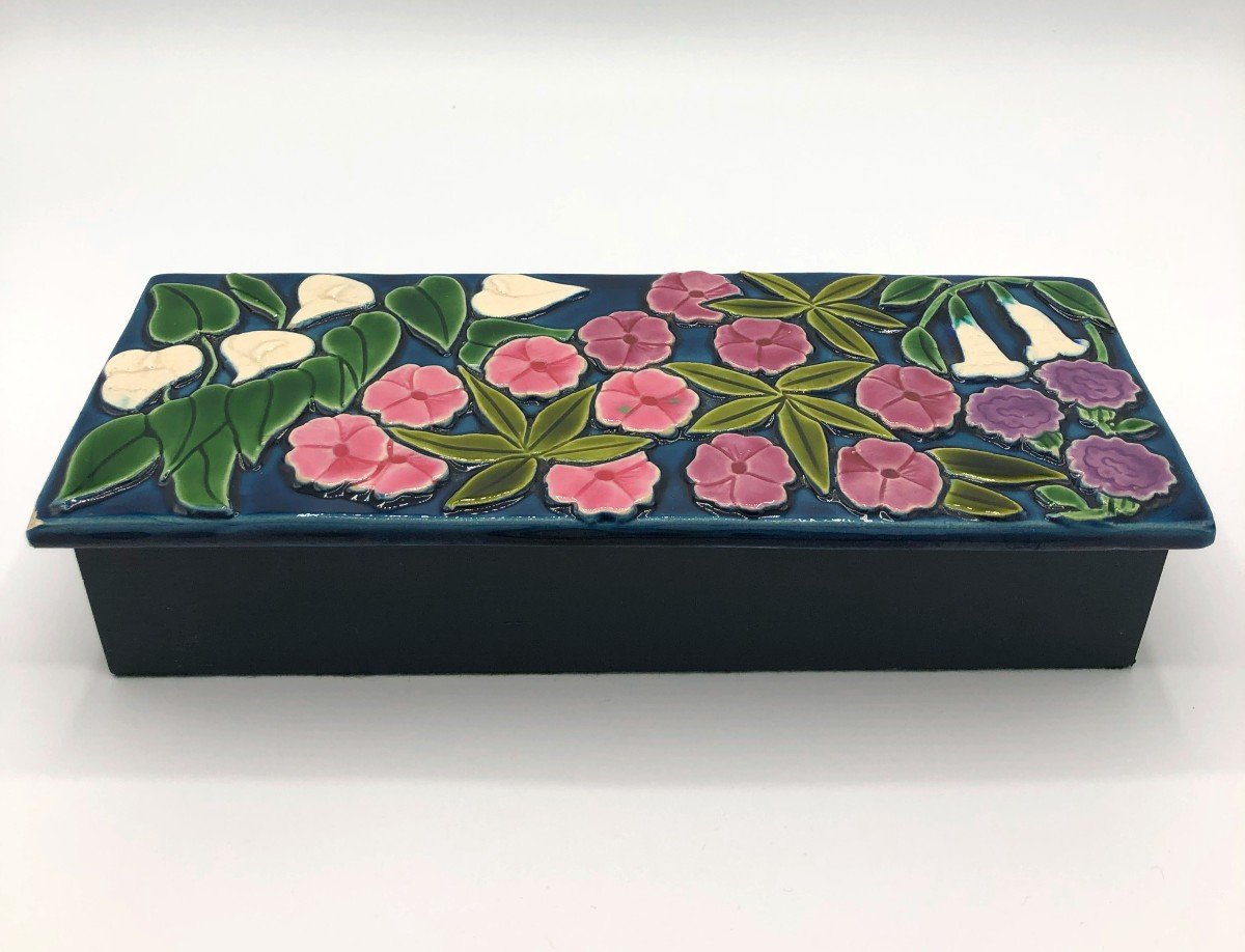 Grande Boîte à Bijoux Mithé Espelt en Céramique émaillée à Décor Floral, XXème Siècle-photo-4
