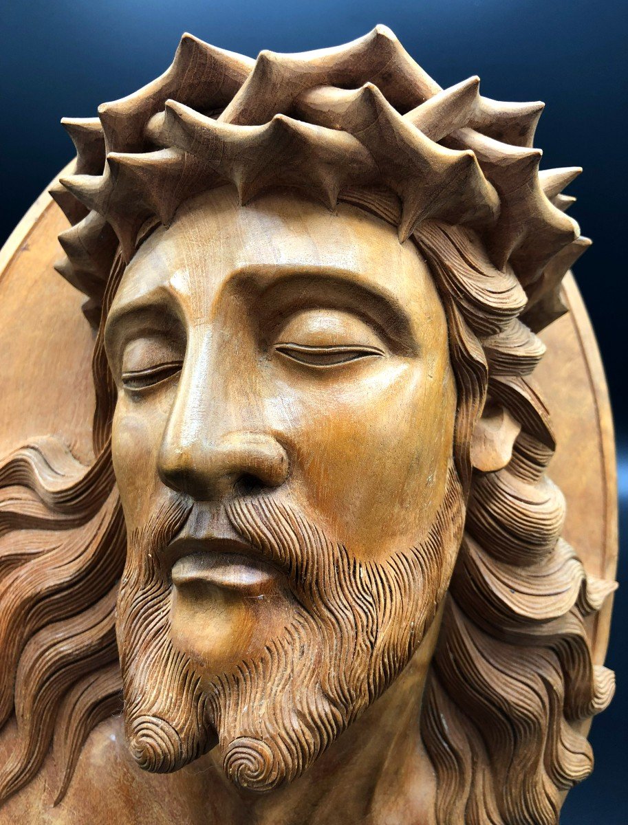 Tête de Christ à la Couronne d'épines, Grand Médaillon en Bois Sculpté, Début XXème Siècle-photo-3