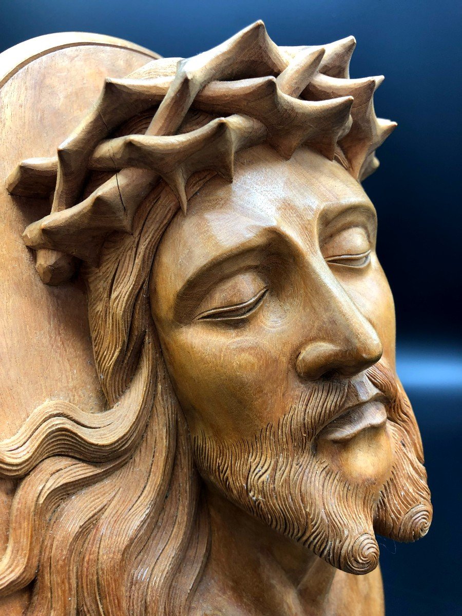 Tête de Christ à la Couronne d'épines, Grand Médaillon en Bois Sculpté, Début XXème Siècle-photo-4
