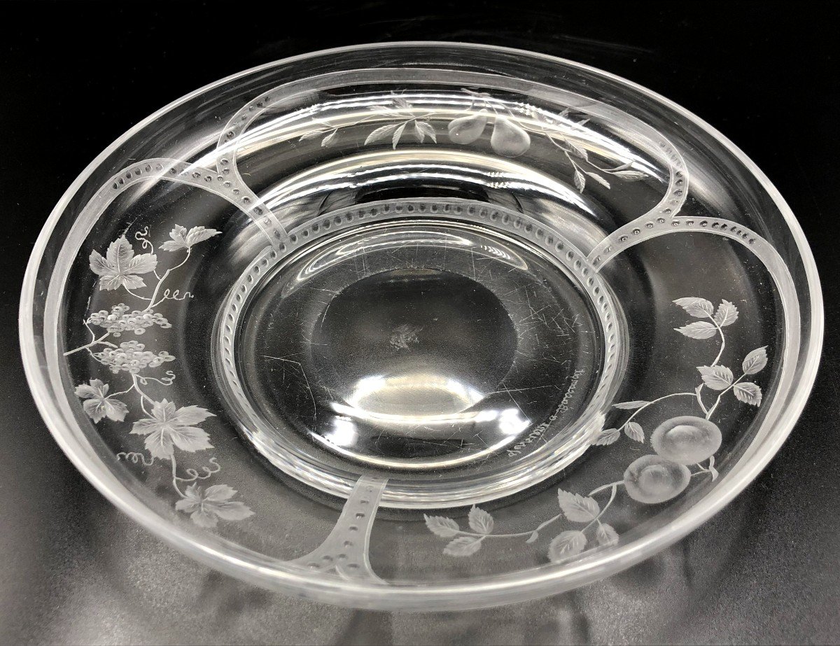 Bonbonnière ou Drageoir et sa Coupelle, Cristal Gravé de la Maison Vessière à Baccarat, XXème-photo-3