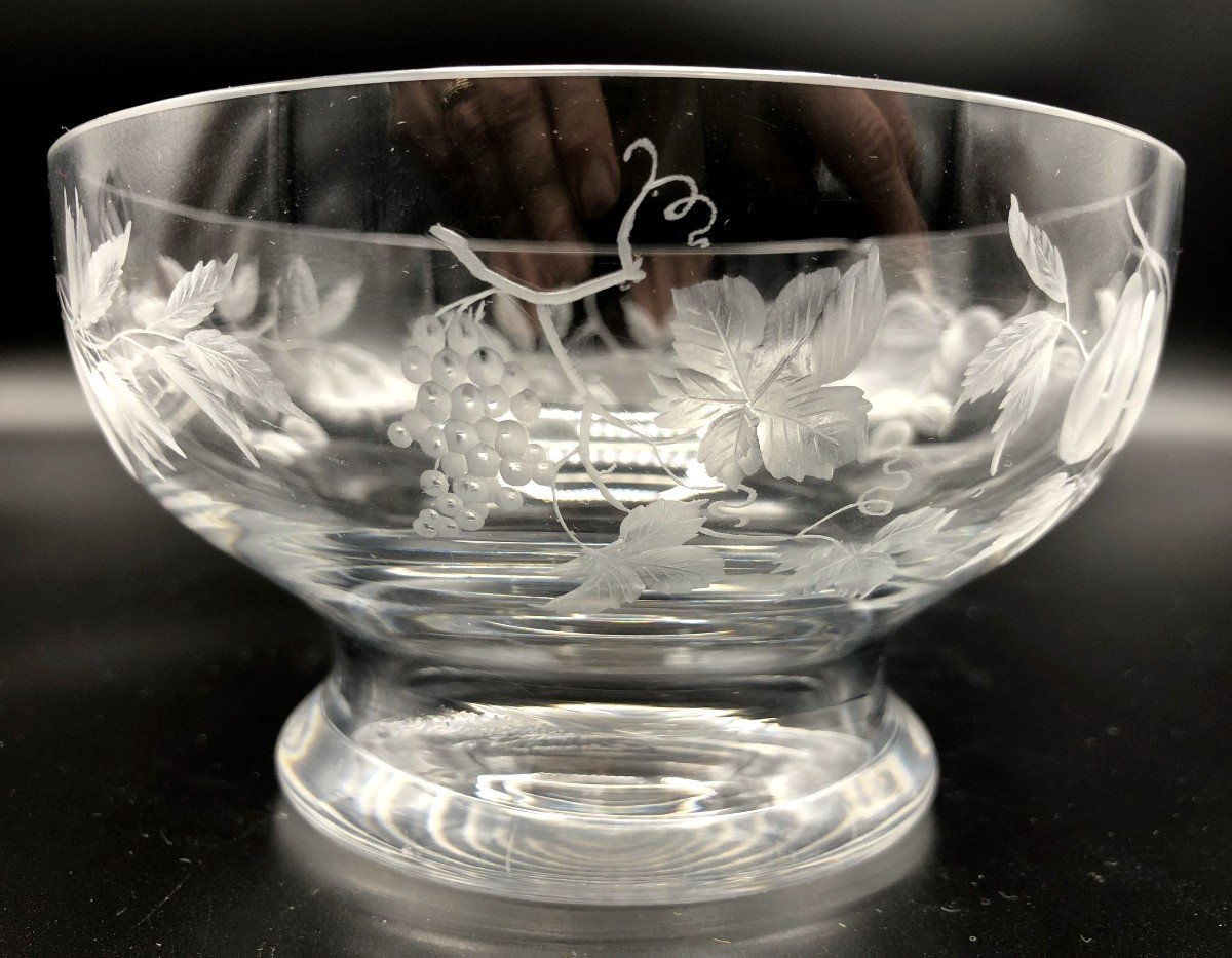 Bonbonnière ou Drageoir et sa Coupelle, Cristal Gravé de la Maison Vessière à Baccarat, XXème-photo-6