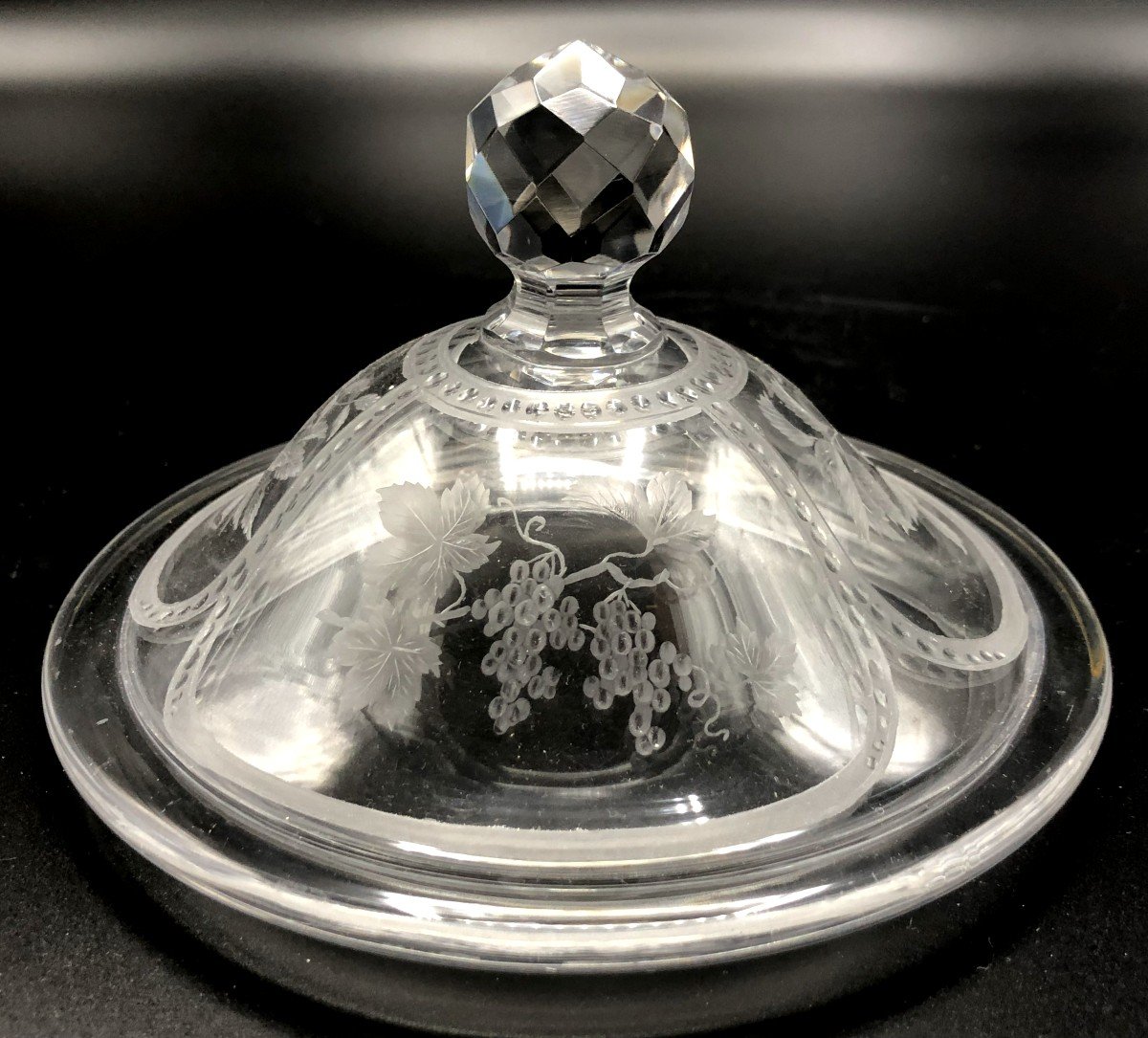 Bonbonnière ou Drageoir et sa Coupelle, Cristal Gravé de la Maison Vessière à Baccarat, XXème-photo-7