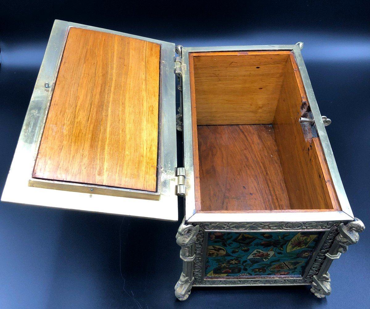 Jewelry Box With Gilt Bronze Frame And Painted Enamel Decor With Japanese Motifs, 19th Century-photo-4