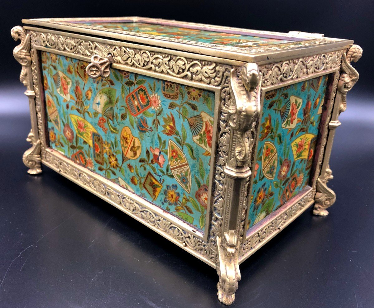 Jewelry Box With Gilt Bronze Frame And Painted Enamel Decor With Japanese Motifs, 19th Century-photo-4