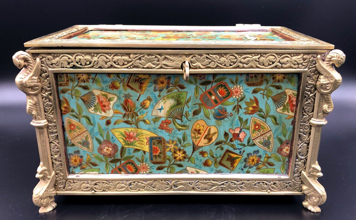 Jewelry Box With Gilt Bronze Frame And Painted Enamel Decor With Japanese Motifs, 19th Century
