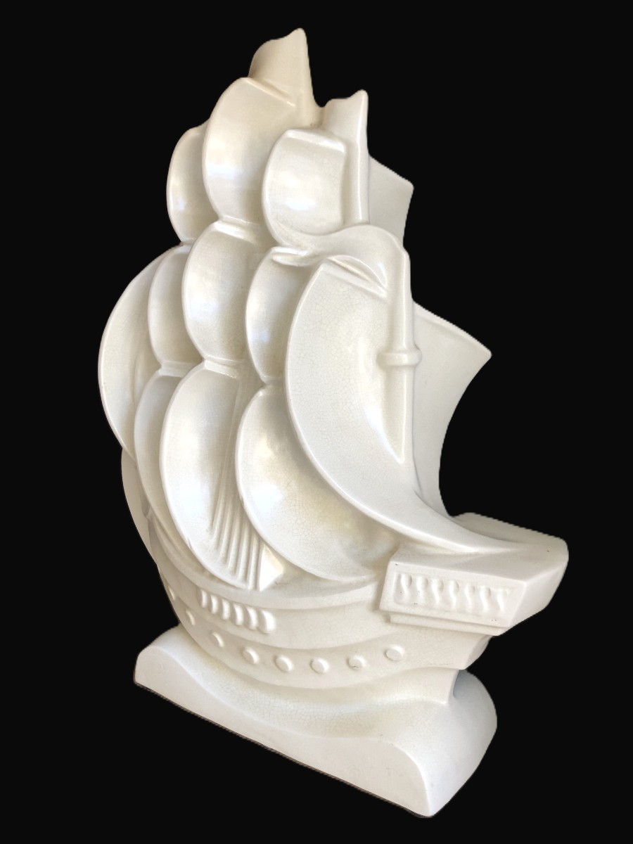 Bateau Caravelle, Grande Céramique Art Déco Attribuée à Le Jan, Vers 1930-photo-3