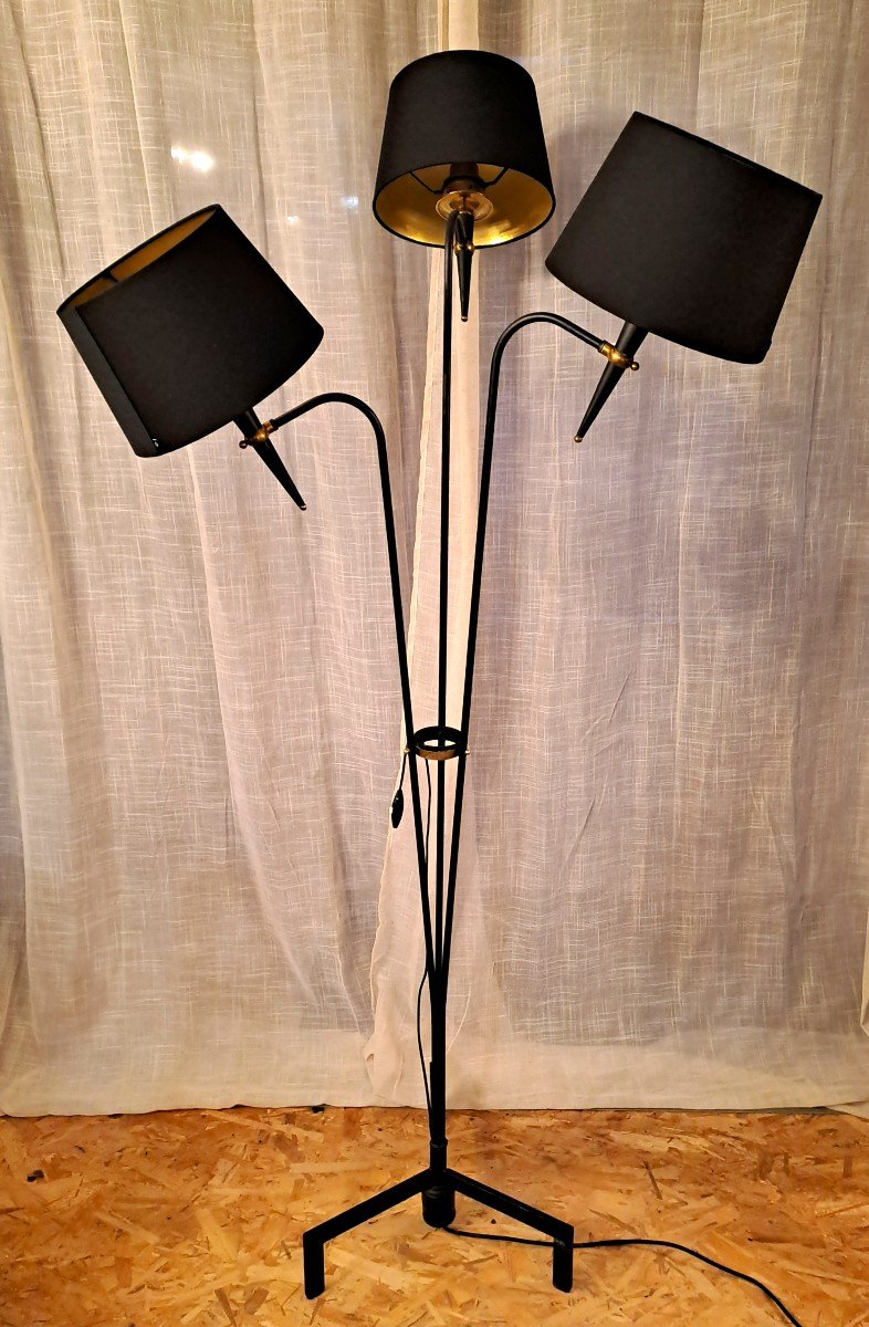 Vintage Maison Lunel Floor Lamp, In Metal And Gilded Brass, With Three Light Arms, Mid-20th