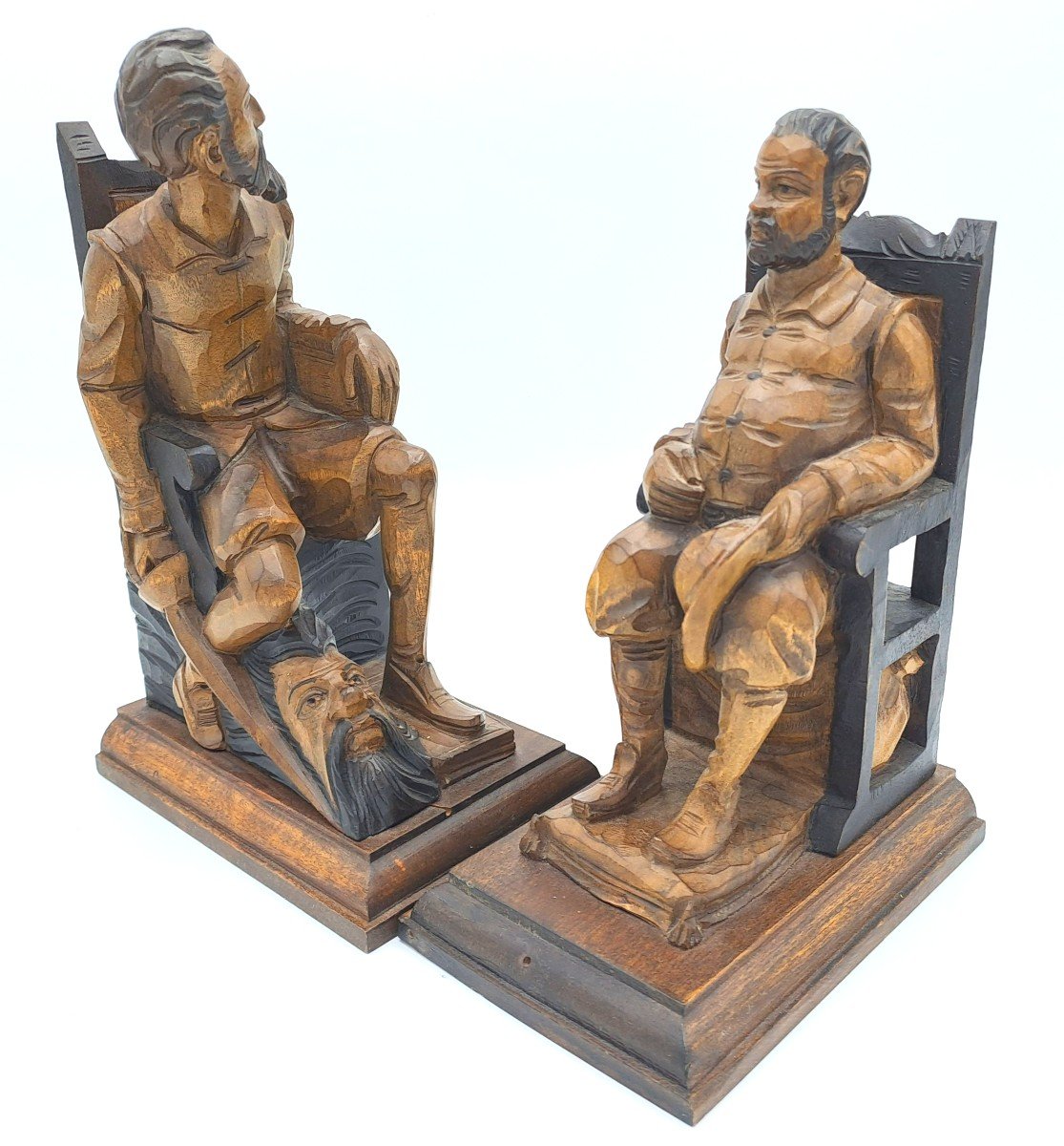 Pair Of Don Quixote And Sancho Panza Bookends In Carved Wood, Mid 20th Century-photo-4