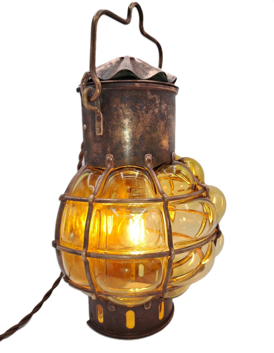 Marine Lamp In Copper And Blown Glass, Early 20th Century-photo-4