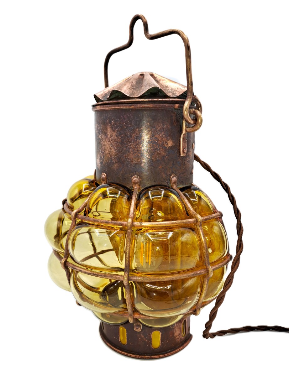 Marine Lamp In Copper And Blown Glass, Early 20th Century-photo-3