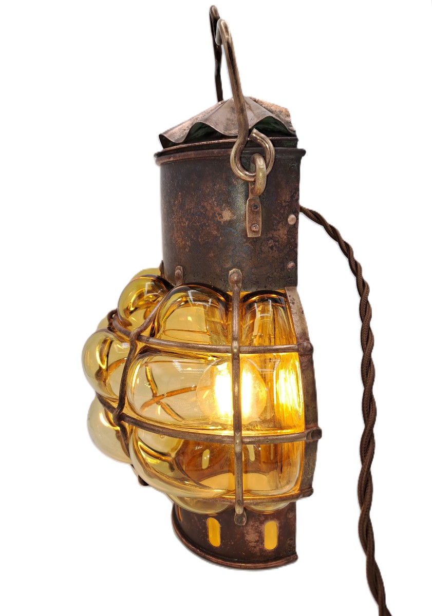Marine Lamp In Copper And Blown Glass, Early 20th Century-photo-4