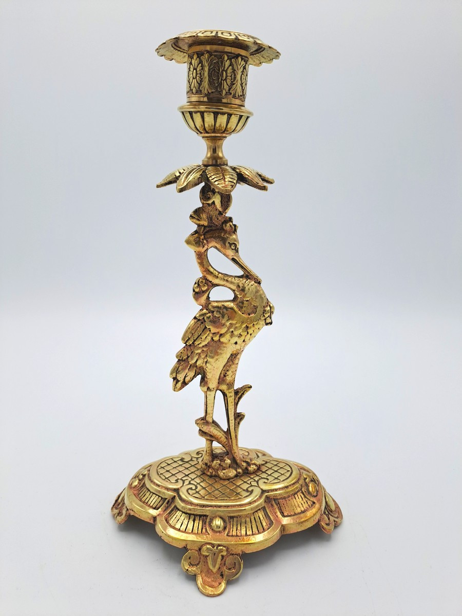 Gilt Bronze Candlestick With Wader Decor, Napoleon III Chinoiserie, Late 19th Century-photo-2