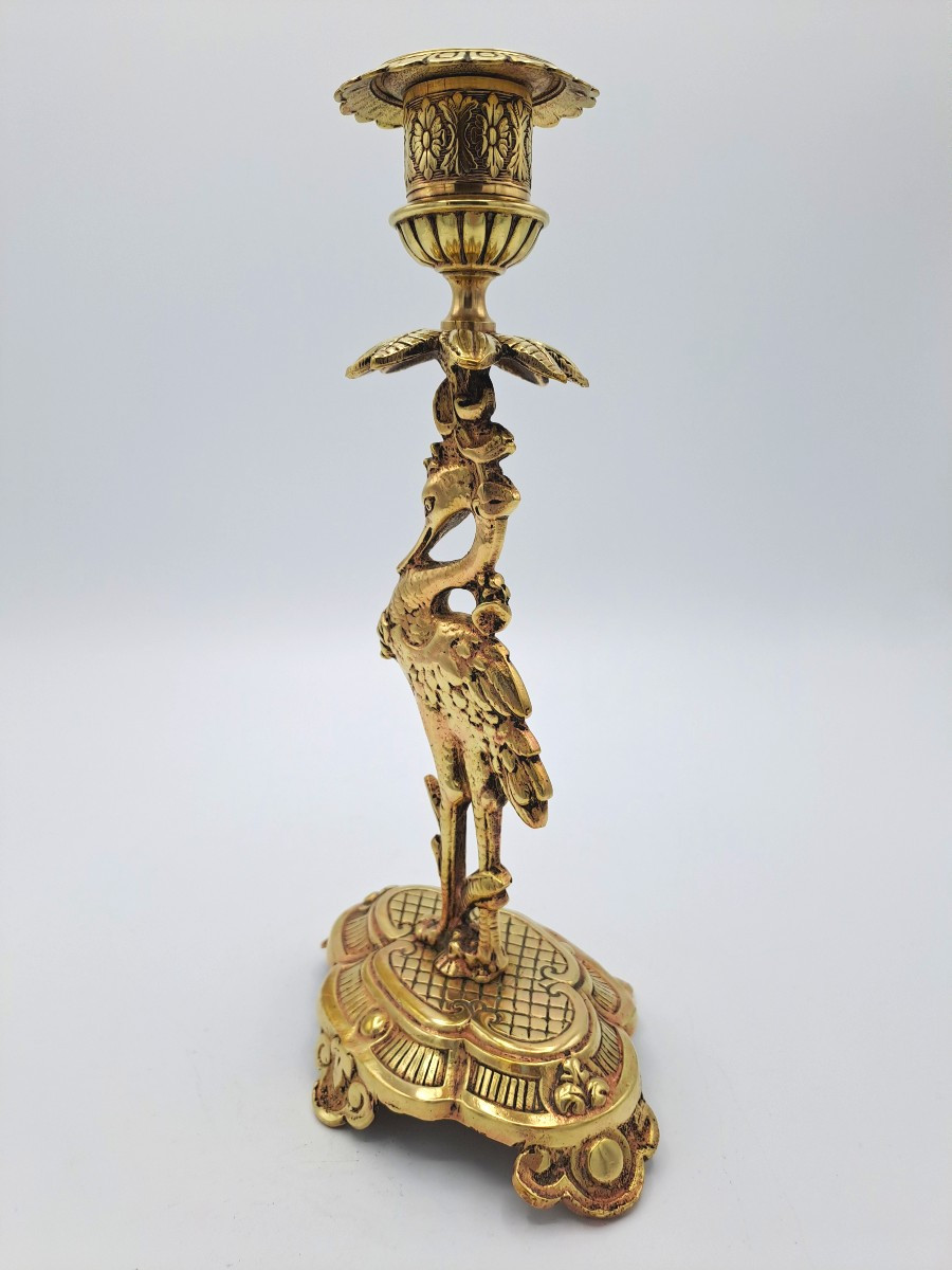 Gilt Bronze Candlestick With Wader Decor, Napoleon III Chinoiserie, Late 19th Century-photo-3