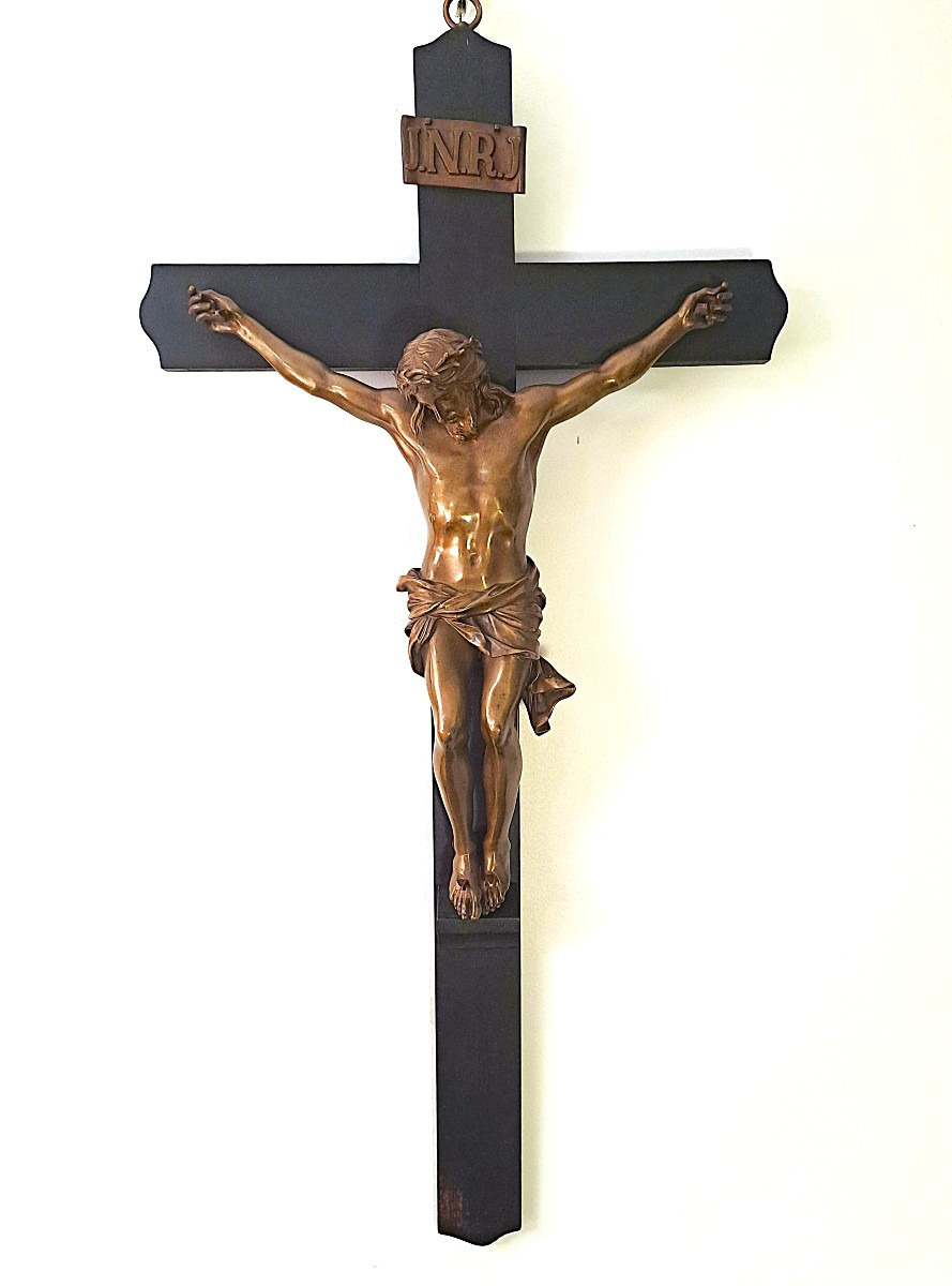 Bronze Of Christ On The Cross Signed F. Barbedienne After Algarde, Large Crucifix From The 19th Century-photo-1