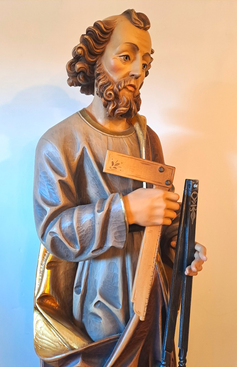 Grande Sculpture en Bois Polychrome du Père Soubise, Compagnon du Devoir, XXème siècle-photo-4