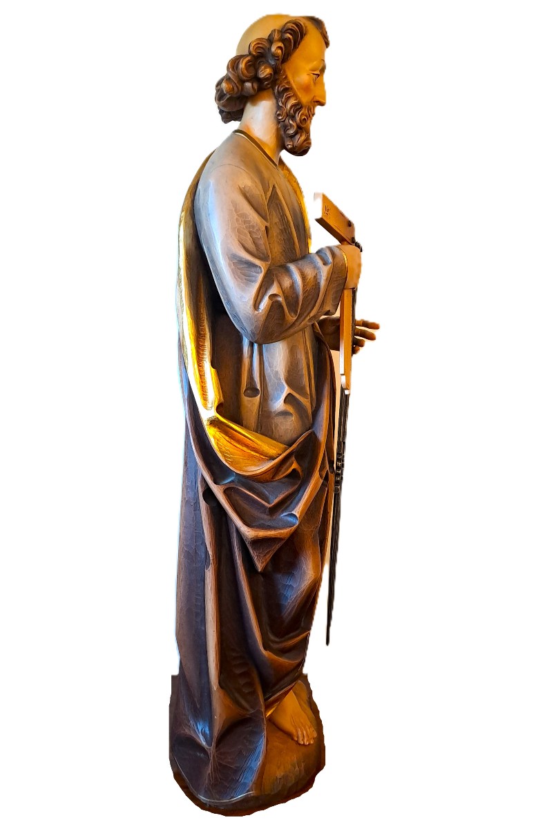 Large Polychrome Wooden Sculpture Of The Patron Saint Of The Compagnons Du Devoir, 20th Century-photo-1