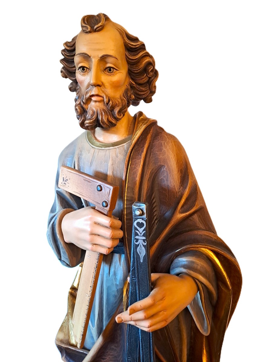 Large Polychrome Wooden Sculpture Of The Patron Saint Of The Compagnons Du Devoir, 20th Century-photo-6