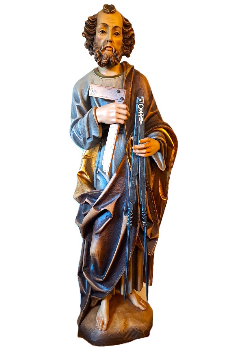 Large Polychrome Wooden Sculpture Of The Patron Saint Of The Compagnons Du Devoir, 20th Century