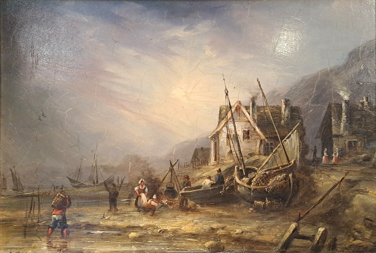 Ecole du Nord XIXème, Huile sur panneau d’Acajou d'après Eugène ISABEY, Marine retour de pêche-photo-2