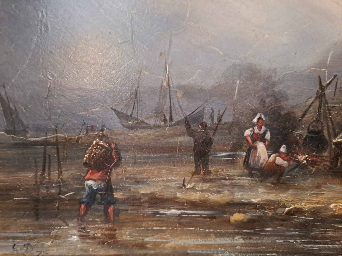 Ecole du Nord XIXème, Huile sur panneau d’Acajou d'après Eugène ISABEY, Marine retour de pêche-photo-1