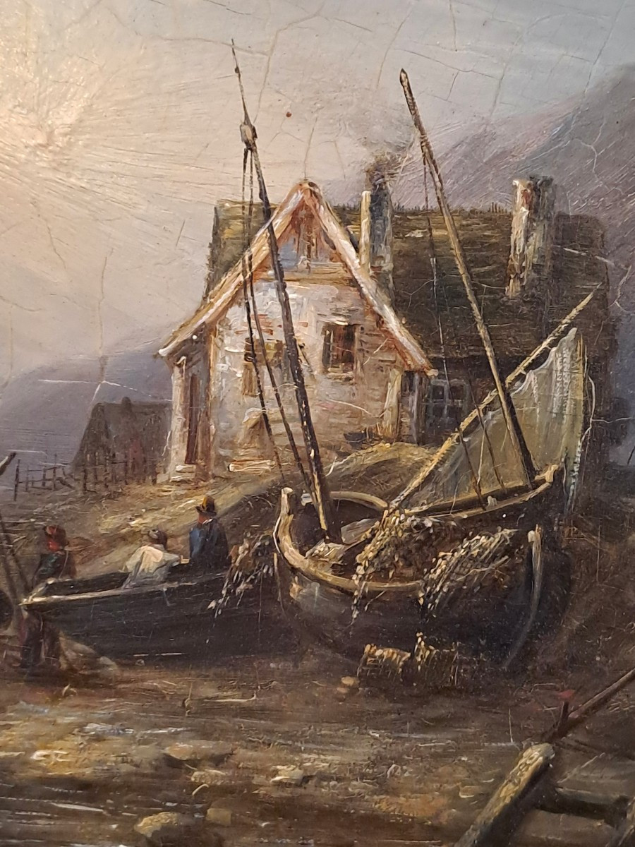 Ecole du Nord XIXème, Huile sur panneau d’Acajou d'après Eugène ISABEY, Marine retour de pêche-photo-2