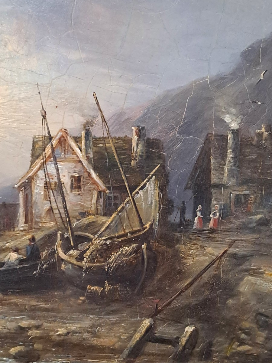 Ecole du Nord XIXème, Huile sur panneau d’Acajou d'après Eugène ISABEY, Marine retour de pêche-photo-5