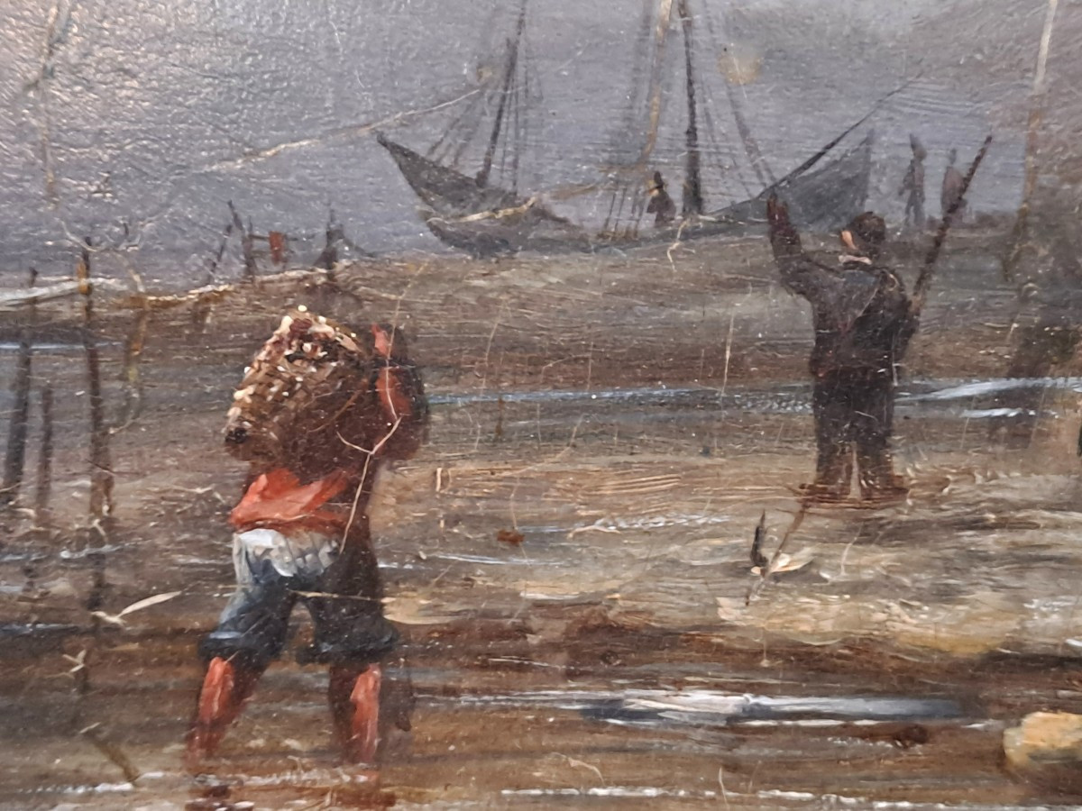 Ecole du Nord XIXème, Huile sur panneau d’Acajou d'après Eugène ISABEY, Marine retour de pêche-photo-6