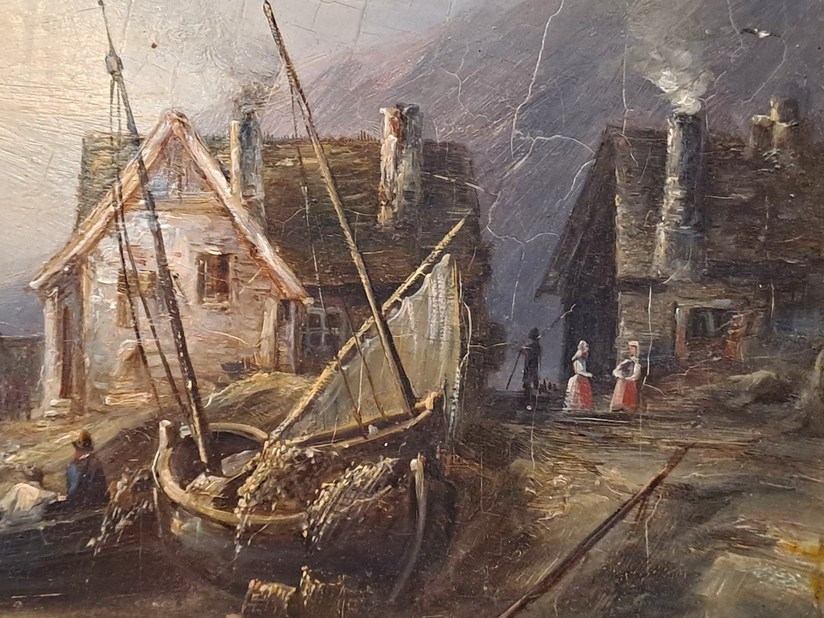 Ecole du Nord XIXème, Huile sur panneau d’Acajou d'après Eugène ISABEY, Marine retour de pêche-photo-7