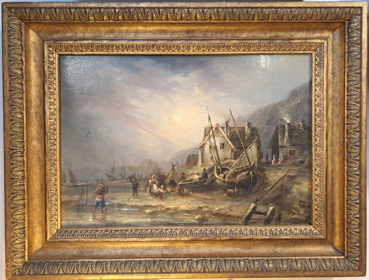 Ecole du Nord XIXème, Huile sur panneau d’Acajou d'après Eugène ISABEY, Marine retour de pêche