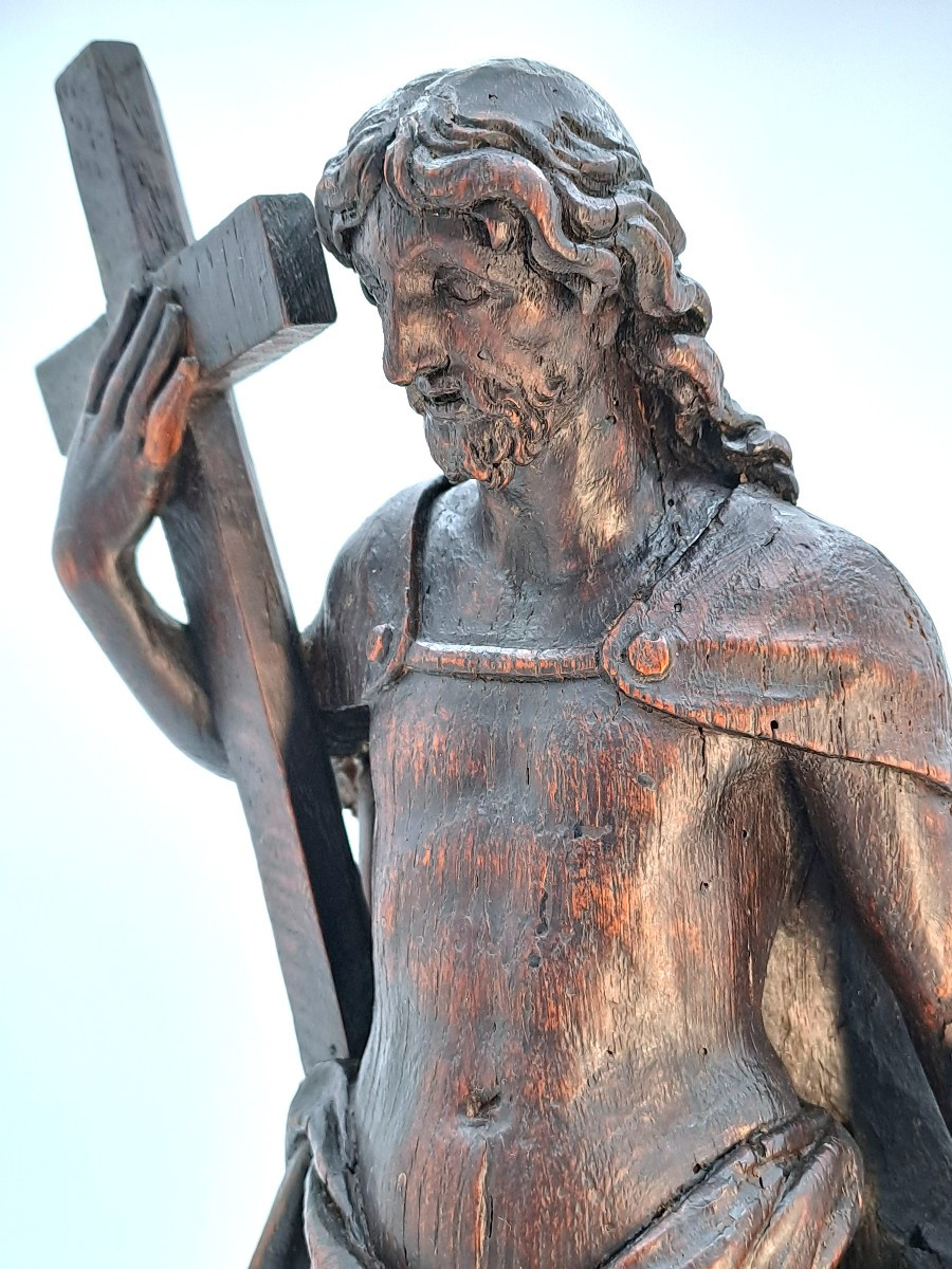Christ Holding The Cross, Patinated Oak Sculpture, Baroque Period 17th Century-photo-2