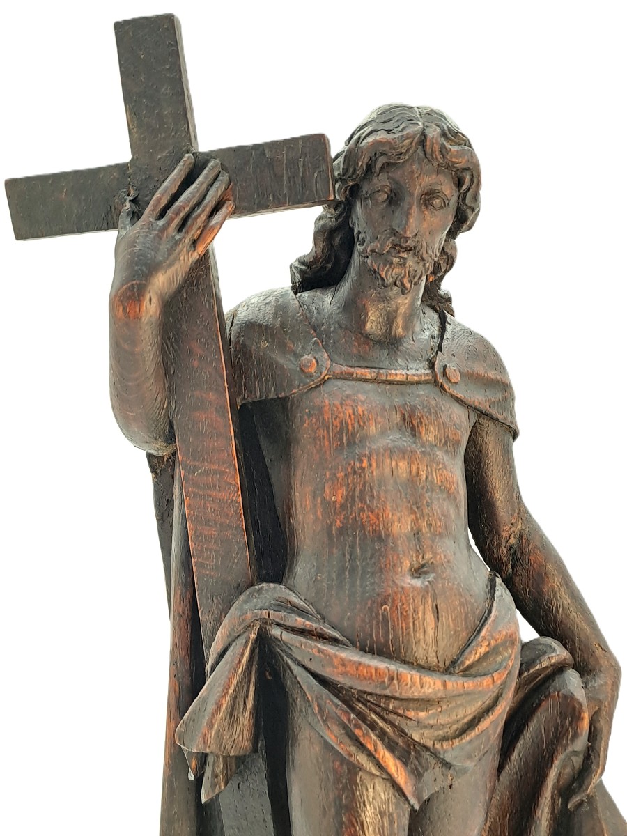 Christ Holding The Cross, Patinated Oak Sculpture, Baroque Period 17th Century-photo-2