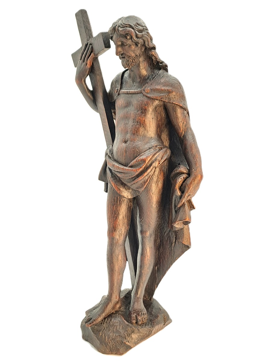 Christ Holding The Cross, Patinated Oak Sculpture, Baroque Period 17th Century-photo-3